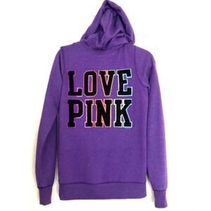 Victoria's Secret PINK LOVE PINK Rainbow Logo Purple Heart Hooded Sweatshirt